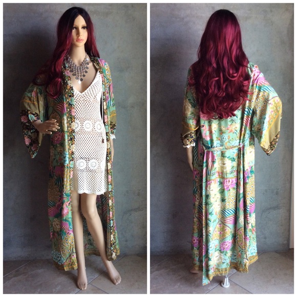 🎀 KIMONO ROBE CARDIGAN DUSTER  BOHO CHIC FLORAL KAFTAN CLOUD PASTEL FLOWER BELT - Picture 7 of 15